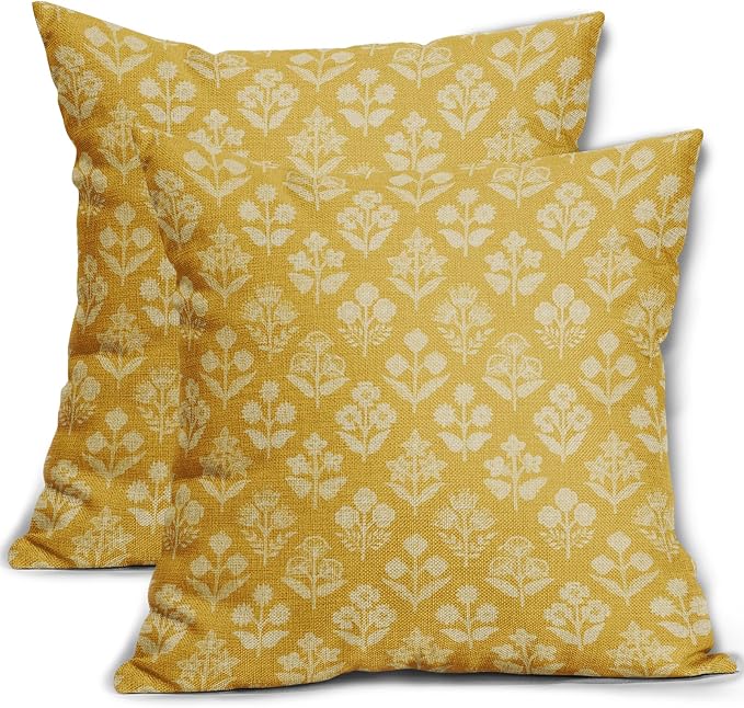 Yellow Floral Block Print Pillow Covers 18x18 Inch Set of 2, Vintage Flower Pattern Decorative Throw Pillowcases Outdoor Farmhouse Cushion Covers Spring Summer Rustic Sofa Couch Bed Decor