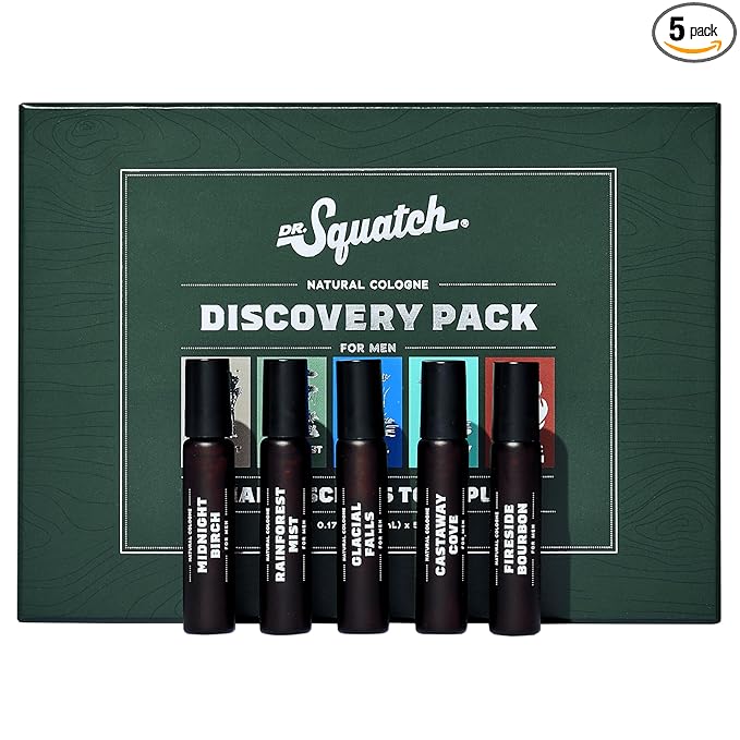 Dr. Squatch Natural Cologne for Men - Mini Cologne Trial Set - Midnight Birch, Rainforest Mist, Glacial Falls, Castaway Cove, Fireside Bourbon (0.17 fl oz, 5-Pack)