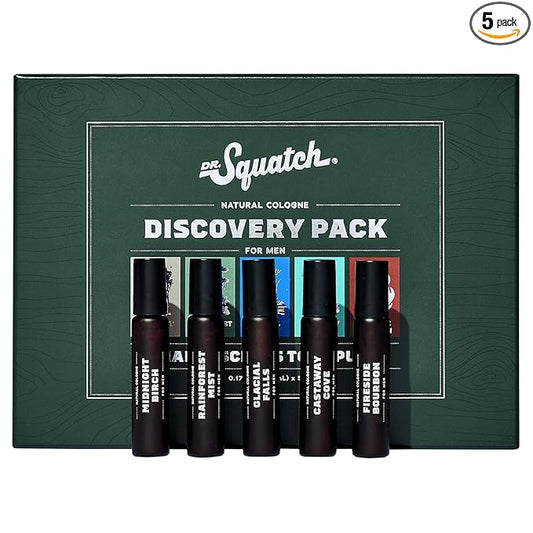 Dr. Squatch Natural Cologne for Men - Mini Cologne Trial Set - Midnight Birch, Rainforest Mist, Glacial Falls, Castaway Cove, Fireside Bourbon (0.17 fl oz, 5-Pack)
