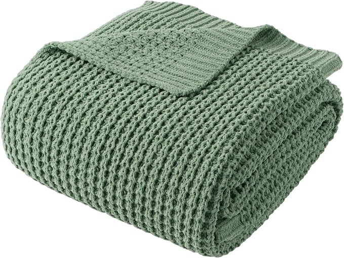 Sage Green Waffle Knit Throw Blanket for Couch, Chenille Blanket 50x60 in | Chunky Knitted Blanket, Soft Green Throw Blanket for Home Decor, Sofa, Spring, Modern Farmhouse Blanket Throw