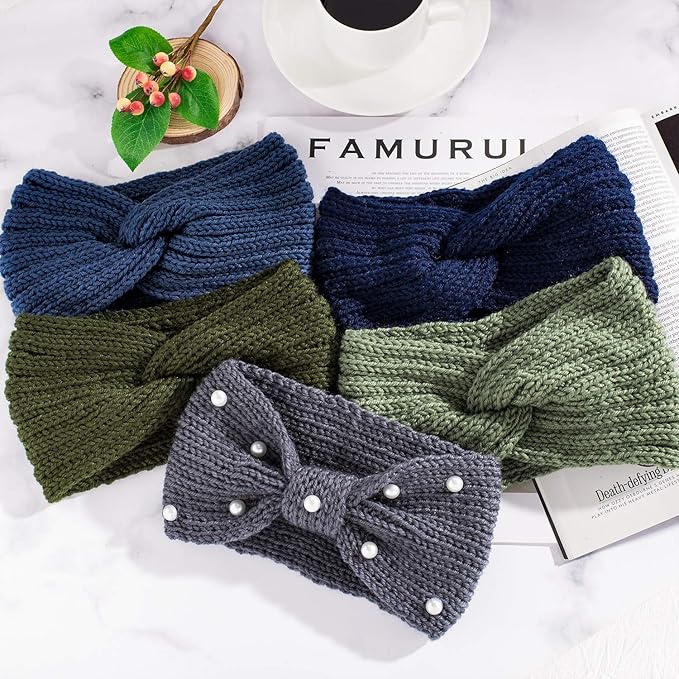 Whaline 5 Pieces Winter Knit Headbands Chunky Knit Headbands,4 Elastic Turban Head Wraps and 1 Pearl Crochet Hair Band, Ear Warmer Crochet Head Wraps for Women Girls (Blue Green Colors)