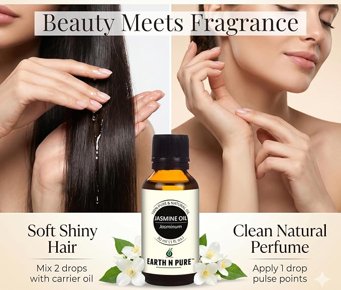 Earth N Pure Jasmine Essential Oil | 100% Pure, Natural & Undiluted | Steam Distilled | Relaxation, Radiant Skin & Nourished Hair | 30ml