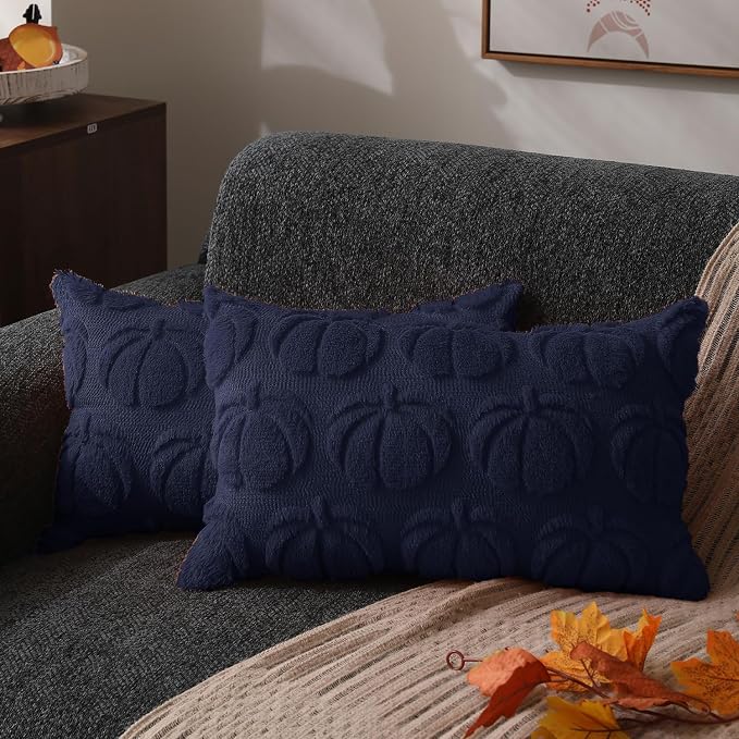 DFXSZ Fall Pillow Covers 12x20 2Pcs Navy Blue Pumpkin Fall Decorations | Fall decor Set of 2 Throw Pillow Cases Soft Plush Faux Fur Wool Couch Cushion for Chair Sofa Bedroom Living Room Home Decor