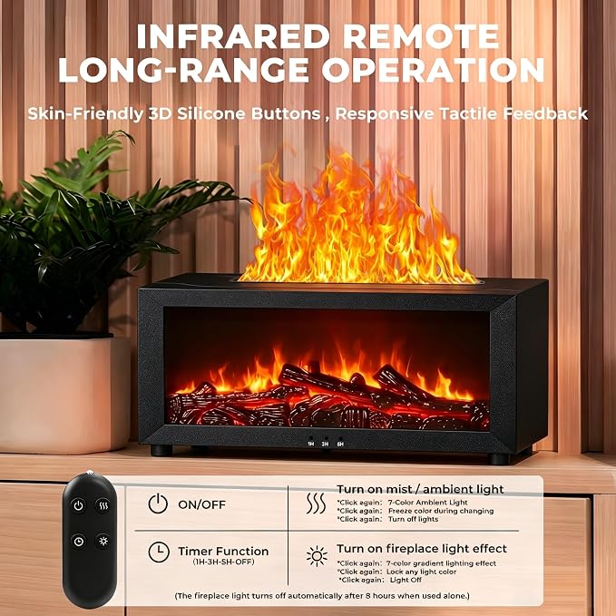 Fireplace Flame Essential Oil Diffuser, 7-Color LED Ultrasonic Aromatherapy Humidifier, 150ml, Cool Mist, with Remote Control and Timer, for Home Bedroom Office Yoga (Black)