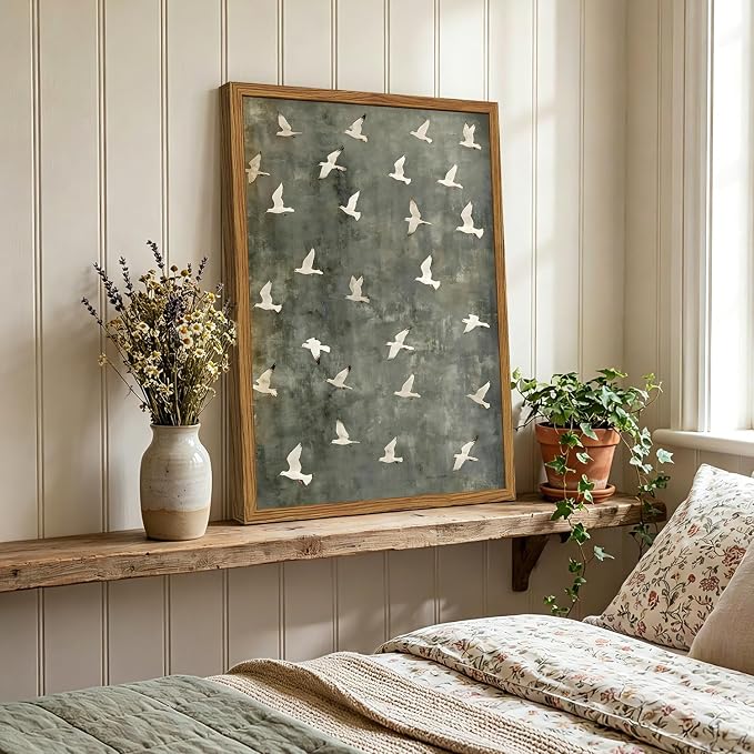 Framed Vintage Flying Bird Canvas Wall Art, Minimalist Abstract Flock of White Birds Pictures Wall Decor, Cottagecore Nature Wildlife Prints Paintings for Living Room Bedroom Home Office 16x24 inch