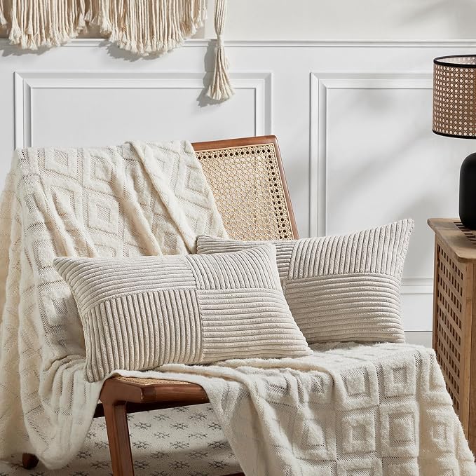 Fancy Homi Neutral Taupe Lumbar Decorative Throw Pillow Covers 14x24 Inch for Living Room Couch Bed Sofa, Farmhouse Home Decor, Soft Striped Corduroy Rectangle Accent Cushion Case 35x60 cm