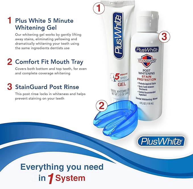 Plus White Premier Whitening System - 5 Minute Speed Whitening Gel, Comfort Fit Mouth Tray & StainGuard Post - Dentist Approved & Professional Grade (2 oz Tube, Mouth Tray and 4 oz Post Rinse)