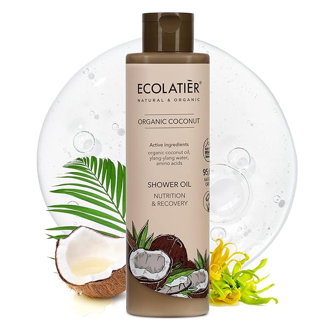ECOLATIÈR Shower Oil – Organic Coconut Oil – Moisturizing & Nourishing Body Wash for Women, 95.5% Natural, Vegan, for Sensitive Skin - 8.5 Fl Oz (Coconut oil)