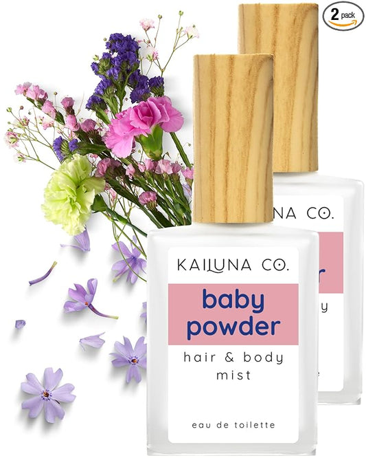 Kailuna Co. Baby Powder Natural Hair & Body Mist Spray, Twin Pack, Pure Essential and Fragrance Oils, Alcohol-Free, Handmade in California (2 x 0.5Fl Oz)