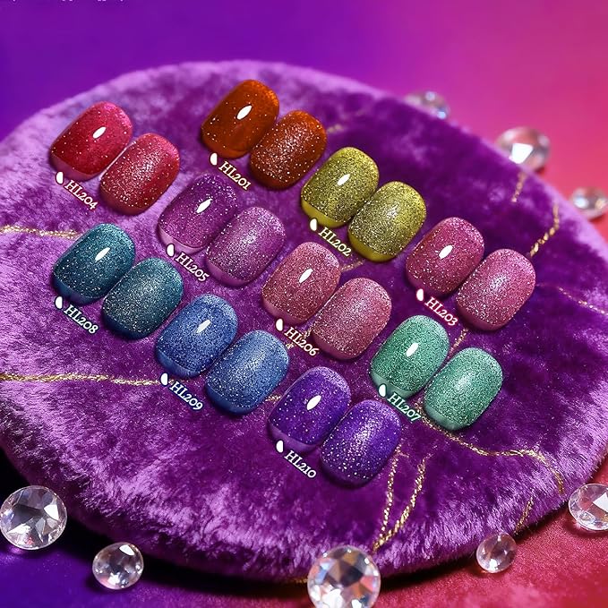 Reflective Nail Polish 12 Colors With Base Coat and Top Coat Glitter Red Bule Purple Green Nail Polish Set Quick Dry Sparkle Winter Manicure Long Lasting for Holiday Gift Giving 5ML
