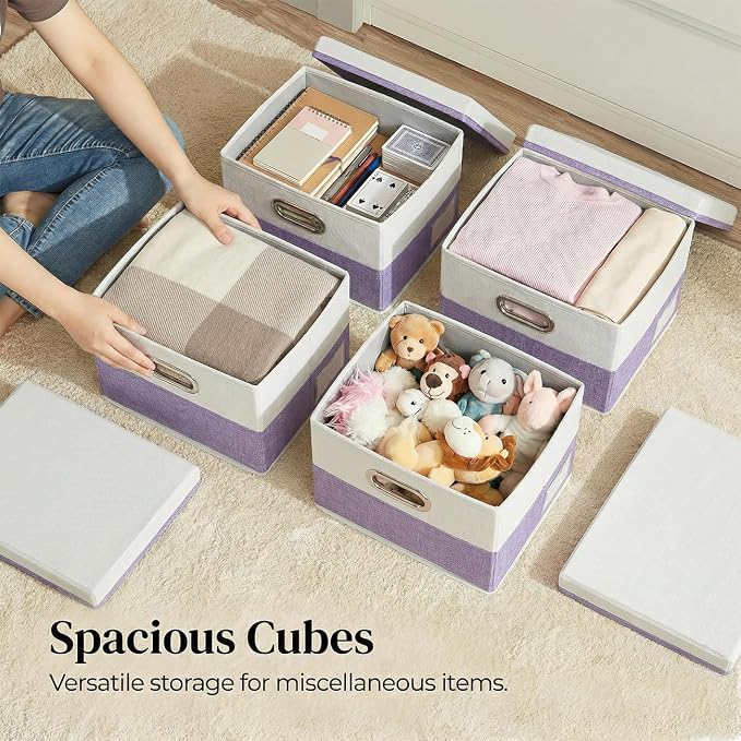 Storage Bins with Lids [3-Pack] Linen Fabric Foldable Storage Boxes Organizer Containers Baskets Cube with Cover for Bedroom Closet Office Purple&White（11.4X8.6X6.7