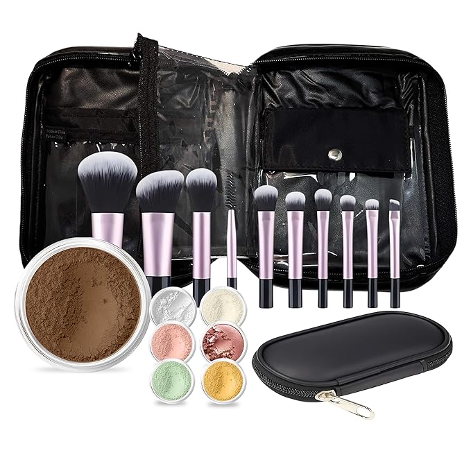 19 pc STARTER KIT w/BRUSHES & CASE (EBONY) Mineral Makeup Foundation Blush Bronzer Illuminating Veil Set Bare Skin Matte Powder