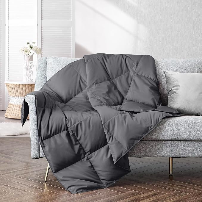 puredown® Soft Feather Down Throw Blanket Lightweight Packable Couch Throw for Indoor and Outdoor Use, Throw 50"X70", Gray, 12oz