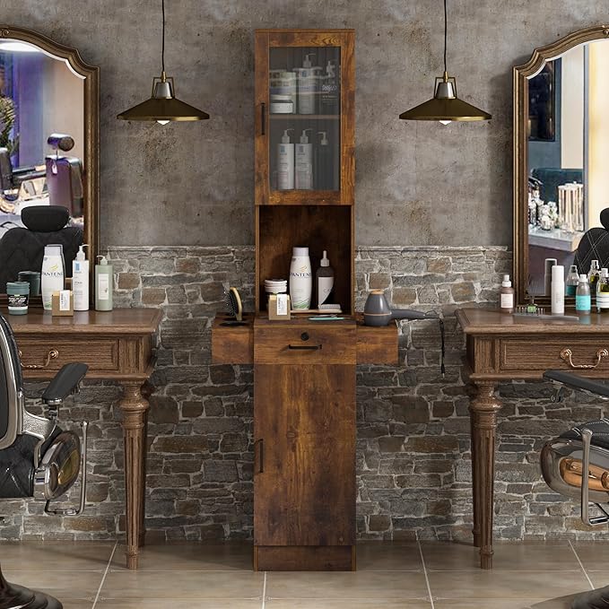 Salon Station for Hair Stylist,Hair Styling Storage Cabinet with Glass Door,Tool Dryer Holders, Salon Beauty Spa Barber Hair Staion,Rustic Brown
