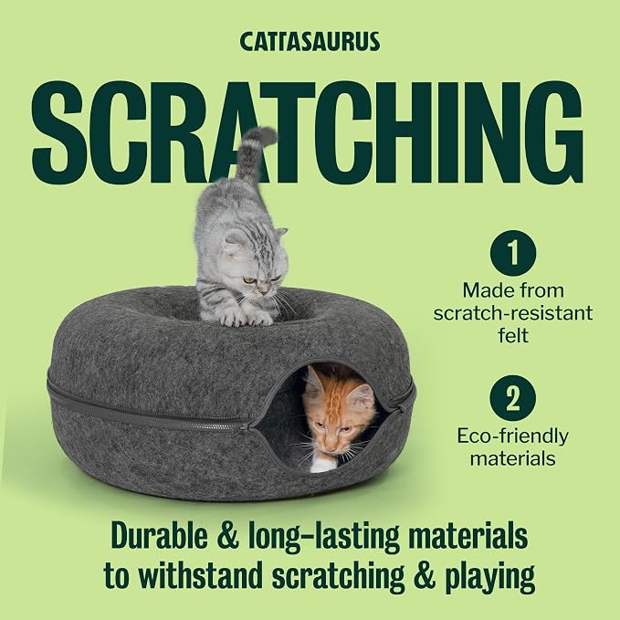 Peekaboo Cat Cave Donut for Multiple & Large Cats up to 30-45 lbs, 3-in-1 Self Warming Cat Bed, Tunnel & Scratcher for Indoor Cats, Washable & Detachable (Light Gray + Dark Gray, Large)