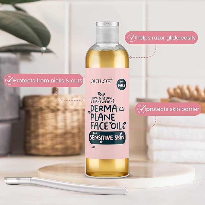 Dermaplane Oil for Sensitive Skin - Hydrating Face Shaving Oil for Women - Safe for Acne Prone Skin - Non Comedogenic, Fragrance Free, Natural, Hypoallergenic for Pre & Post Dermaplaning 2oz by Ouiloe