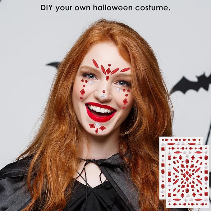Erythem Face Gems for Women 6 Sheets Red Face Jewels Stick On Self Adhesive Rhinestones Stickers for Halloween Makeup Music Festival Rave Party