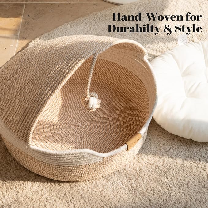 CHEERPALS Cat Basket Bed with Washable Cushion and Ball Rope Cotton, Covered Pet Bed for Indoor Cats Cave Bed Hooded, Stimulicat Cat Bed Handwoven Breathable, All Season Universal(White)