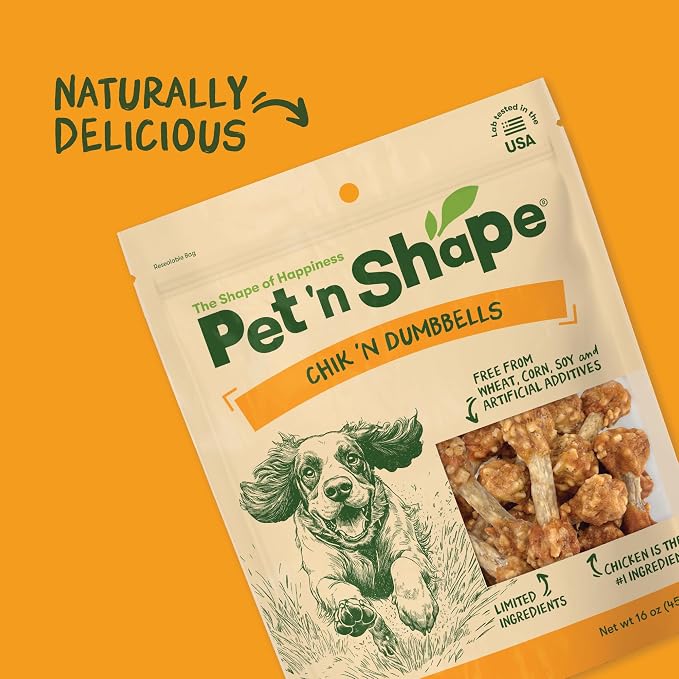 Pet 'n Shape Chik 'n Dumbbells: All-Natural, High-Protein Dog Treats; Limited Ingredient Chicken & Rice Chew for All Breeds, 32 Ounces | Premium chicken breast, Rice recipe, Limited ingredients, Wheat and soy free, Bite-sized snack, For all life stages