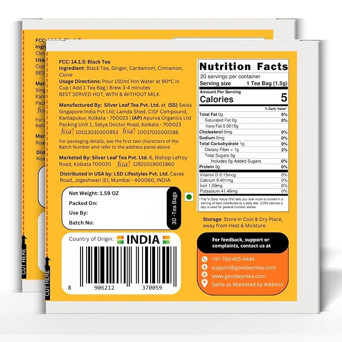 Goodwyn Masala Black Tea Chai, 60 Tea Bags | Authentic Indian Spiced Chai | Assam Tea | Natural Herbs & Spices | Plastic Free Bags