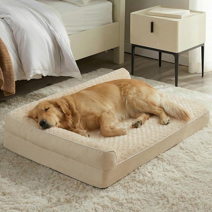 BFPETHOME Orthopedic Washable Dog Bed, Sleeping Couch for Large Senior Dogs | Deluxe Plush Rose Velvet Washable Cover, Egg Crate Foam Support, Waterproof Lining, Non-Slip Bottom, Senior Dogs