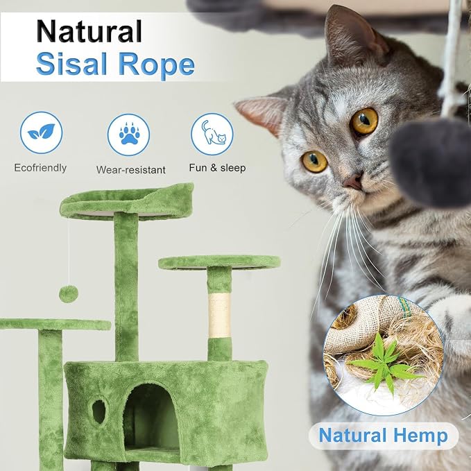 FDW | 54" Cat Tree Tower | Green | Multi-Level Indoor Activity Center with Sisal Scratching Posts, Condos, Plush Perches, Hanging Cat Toys | Sturdy, Easy to Assemble | for Kittens & Adult Cats