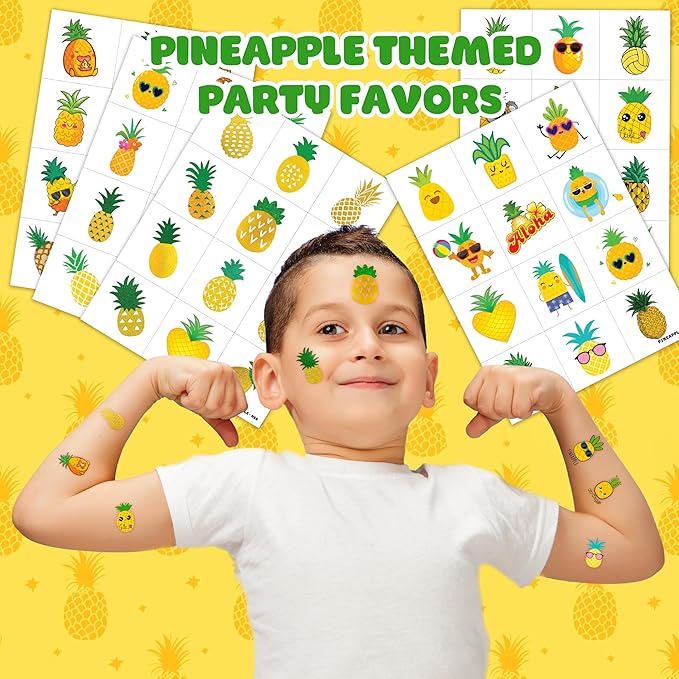 Pineapple Temporary Tattoos – 60 PCS (5 Sheets) Gold Summer Theme Birthday Party Favors, Cute Stickers for Kids Boys Girls, Classroom Prizes, Carnival Holiday Gifts