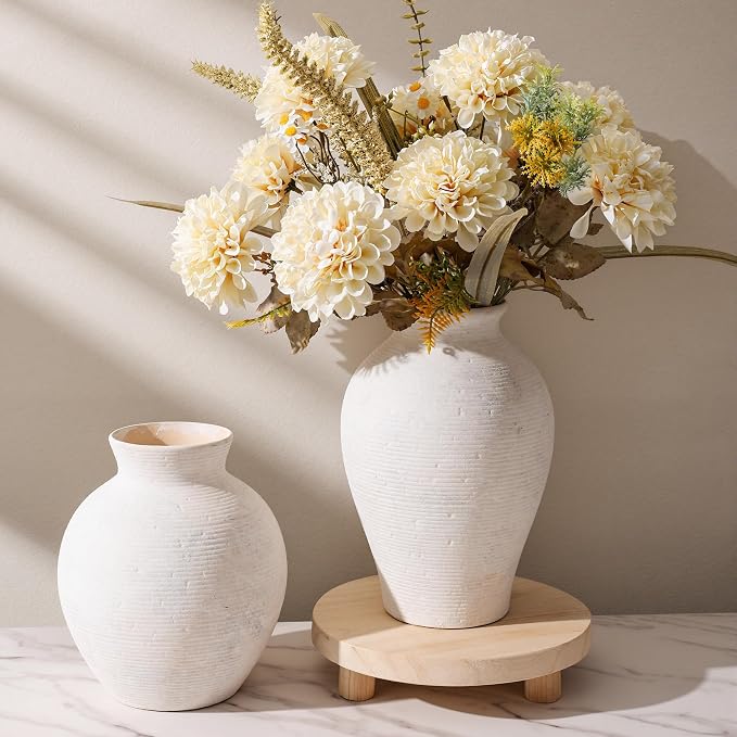 Ceramic Flower Vase Home Decor, 9 in Farmhouse Table Vase Rustic Vintage Living Room Kitchen Bedroom Pottery Decorative Vases for Flowers House Shelf Office Coffee Desk Dining Entryway Decor, White