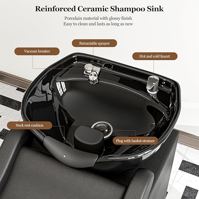 Paddie Shampoo Chair and Bowl for Salon, Backwash Shampoo Station Sink with Ceramic Bowl and Foot Stool, Barbershop Spa Equipment