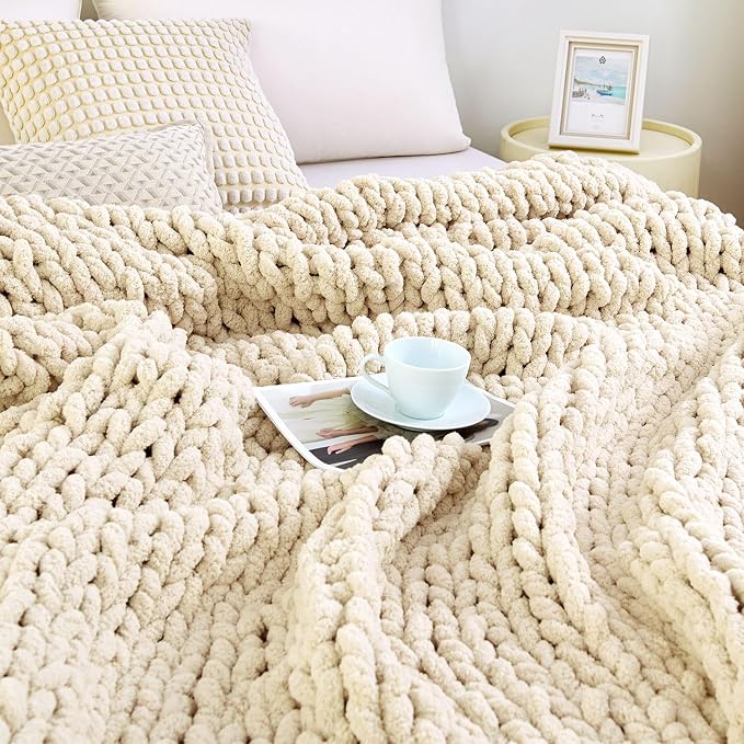 Chunky Knit Blanket Throw for Couch, 60"x80" Chunky Yarn Knitted Blankets | 100% Hand Knit Thick Chenille, Soft Breathable for Bed, Sofa, Home Decor, Cozy Gifts for Women Friends, Ivory