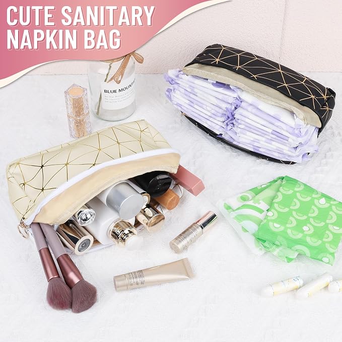Tampon Holder for Purse Period Bag Waterproof Geometric PU Sanitary Napkin Storage Bag Portable Menstrual Cup Pad Pouch Cute Makeup Bag Feminine Gift Black Gold
