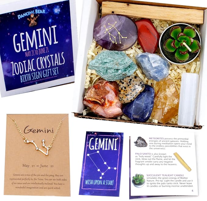 DANCING BEAR Gemini Zodiac Healing Crystals Gift Set (14 Pc): 9 Stones, 18K Gold-Plated Constellation Necklace, Meteorite, Succulent Candle, Palo Santo Smudge Stick, and Info Guide, Made in The USA