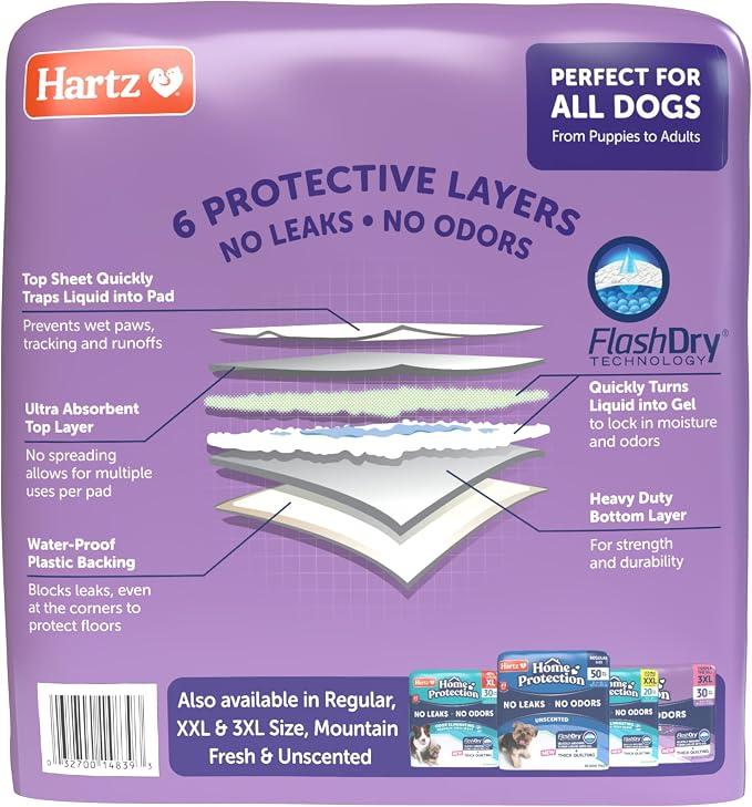 Hartz Home Protection Super Absorbent Odor Eliminating Lavender Scented No Leak Dog Pads,XL 30 count