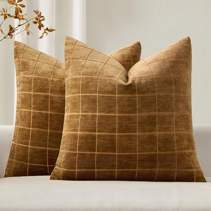 MIULEE Brown Sugar Plaid Fall Decor Euro Throw Pillow Covers 24x24 Set of 2 | Vintage, Check Chenille Couch Pillows, Boho Farmhouse Cushion Covers, Modern Home Decor for Sofa Bed Living Room
