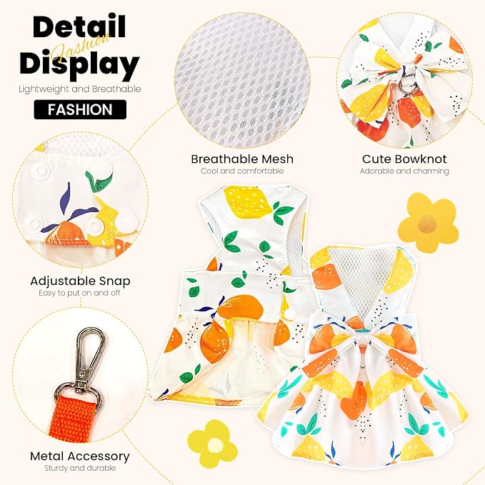 ABRRLO Cute Dog Dress Small Dog Clothes for Girls Female Puppy Outfits Yellow Lemon Pet Summer Clothes Bowknot Doggy Cat Princess Dress Harness for Holiday Birthday Party Costume Clothing (Yellow,XL)