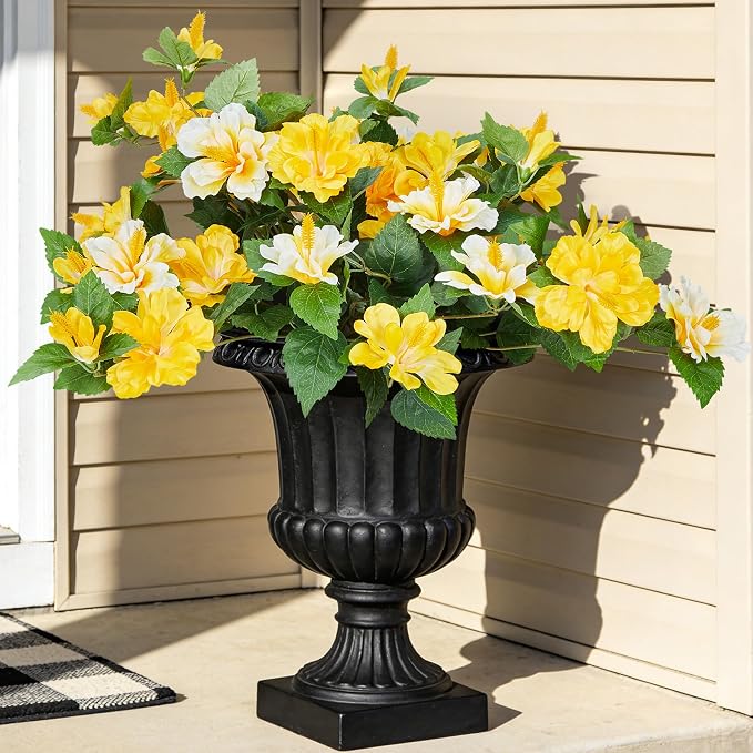 INXUGAO Artificial Flowers for Outdoors Indoors,2 Bunches Fake Hibiscus with Realistic UV Resistant Silk Flower Fabric Leaves,Faux Plants Outside for Home Patio Garden Yard Poch Decor(Yellow,White)