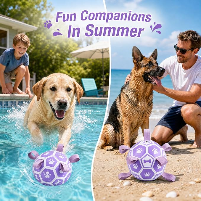 Dog Soccer Ball with Straps, 6 Inch Herding Dog Ball Toys Dog Birthday Toy, Balls for 20-40lbs Dogs, Outdoor Puppy Toys for Small Medium Dogs, Interactive Toy for Tug, Water Toy Ball,Purple