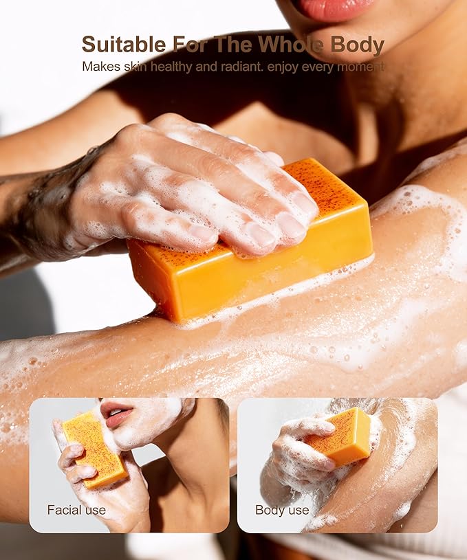 Lemon Turmeric Kojic Acid Soap, 4 Pcs Turmeric Soap Bar Infused with Hyaluronic Acid, Vitamin C，E, Shea Butter for Face & Body Deeply Clean, 3 Foam Nets
