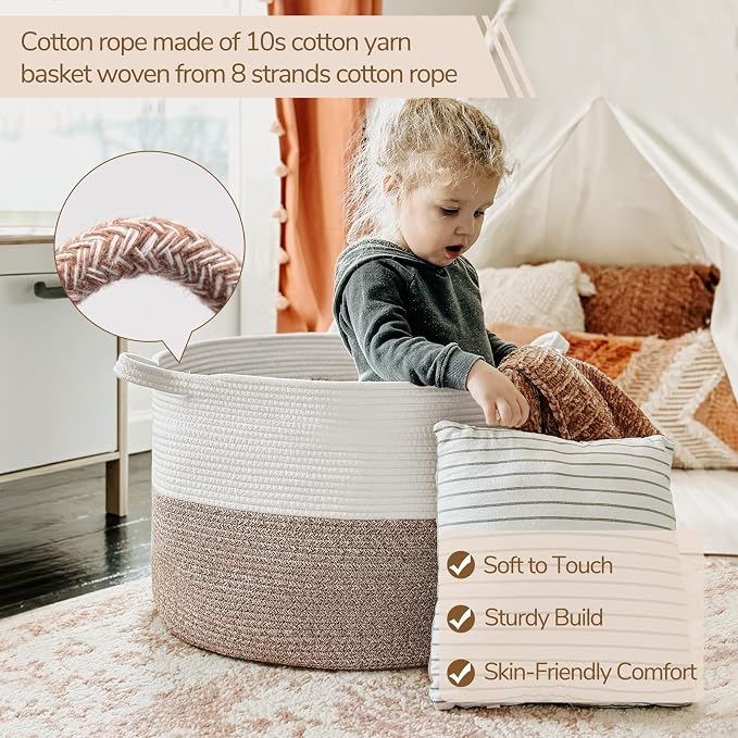 INDRESSME XXXLarge Woven Rope Blanket Basket Living Room Brown, 90L | 21.7" x 13.8" Storage baskets for toys laundry & pillows. Fits living room, bedroom or nursery décor. Soft-touch with handles