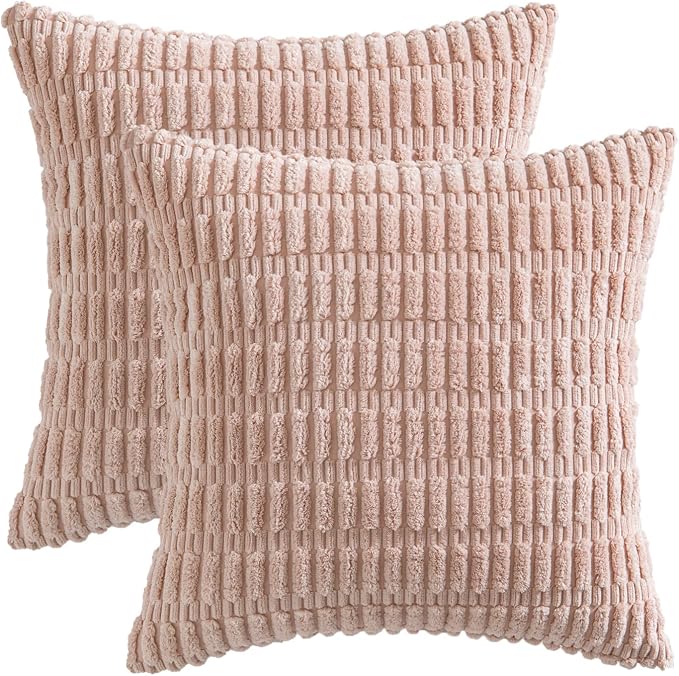 MIULEE Corduroy Decorative Throw Pillow Covers 18x18 Pink Pack of 2 | Soft Boho Striped Pillow Covers Modern Farmhouse Home Decor For Sofa Living Room Couch Bed