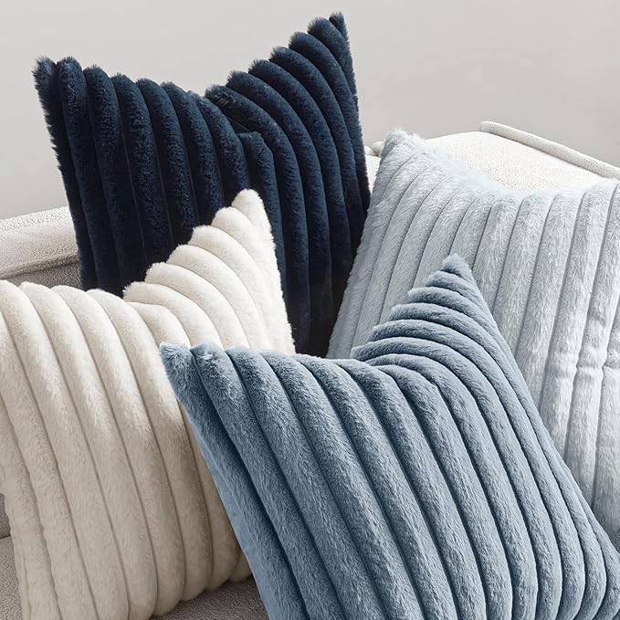 MIULEE Faux Fur Plush Decorative Throw Pillow Covers 20x20, Navy Blue | Set of 4, Striped, Soft Coastal Modern Cozy Home Decor, Cushion Cases for Sofa Couch Bed Living Room