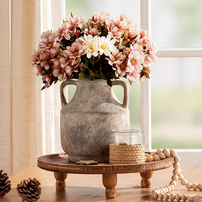 Mitt&Ditt Ceramic Flower Vase with Handles, 8 inch Tall Off-White Vase, Decorative Terracotta Vases, Farmhouse Rustic Pottery Vases for Home Decor, Living Room, Table