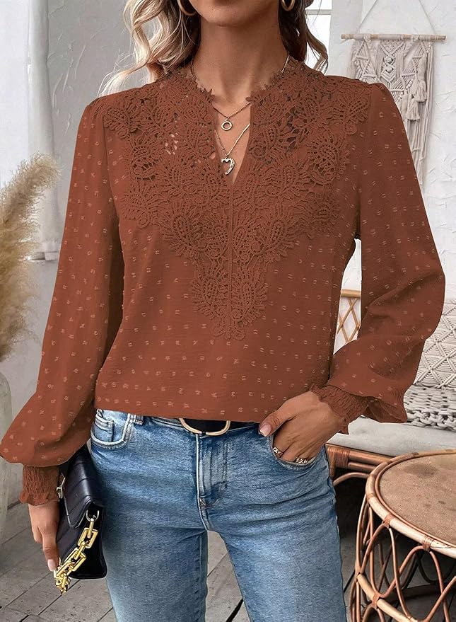 Womens Tops Swiss Dot Boho Long Sleeve Shirts V Neck Casual Chiffon Blouses Flowy Lace Hem Cute Clothing Trendy 2026