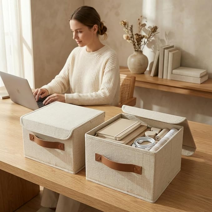 Decorative Linen Storage Boxes with Lids - Spacious Set of 2 Organizer Bins | The Perfect Small Container for Home Decor - Safely Store Photos, Documents and Memory Box Keepsakes in Style