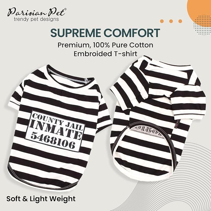 Parisian Pet Prisoner Dog Costume - 100% Cotton Striped Dog Clothes for Large Dogs - Lightweight Puppy Outfits - Funny French Bulldog Clothes - Sleeved Shirt for Dogs - Stretchy Pet Costume