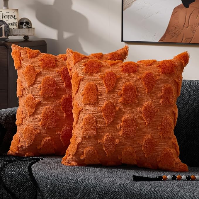 DFXSZ Halloween Pillow Covers 18x18 inch 2Pcs Orange Ghost Halloween Decor | Halloween Decorations Set of 2 Throw Pillow Cases Plush Faux Fur Wool Cushion for Chair Sofa Bedroom Living Room Home Decor