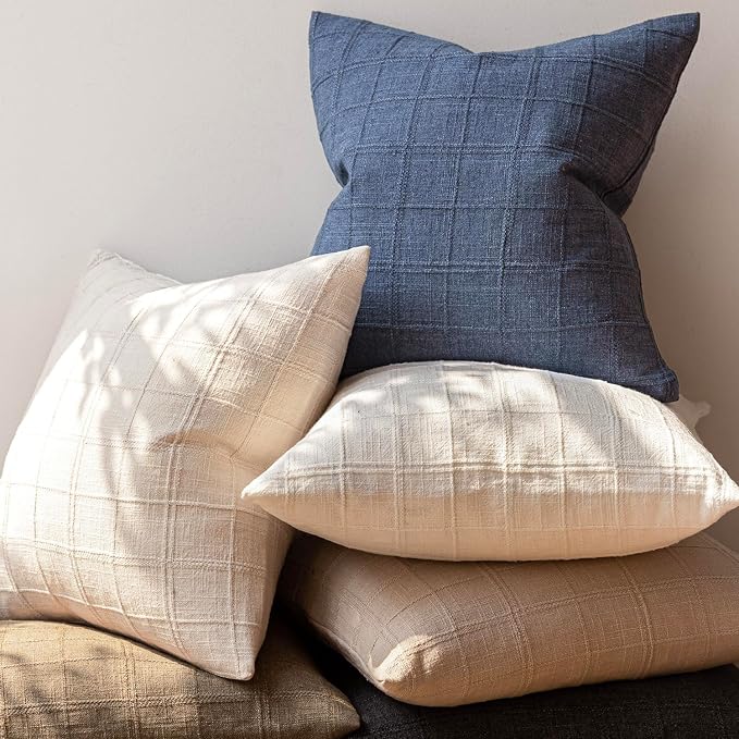 Foindtower Set of 2 Decorative Linen Check Throw Pillow Covers Neutral Farmhouse Vintage Cushion Covers Modern Coastal Boho Home Decor for Sofa Chair Couch Bedroom Living Room,22×22 Inch,Blue
