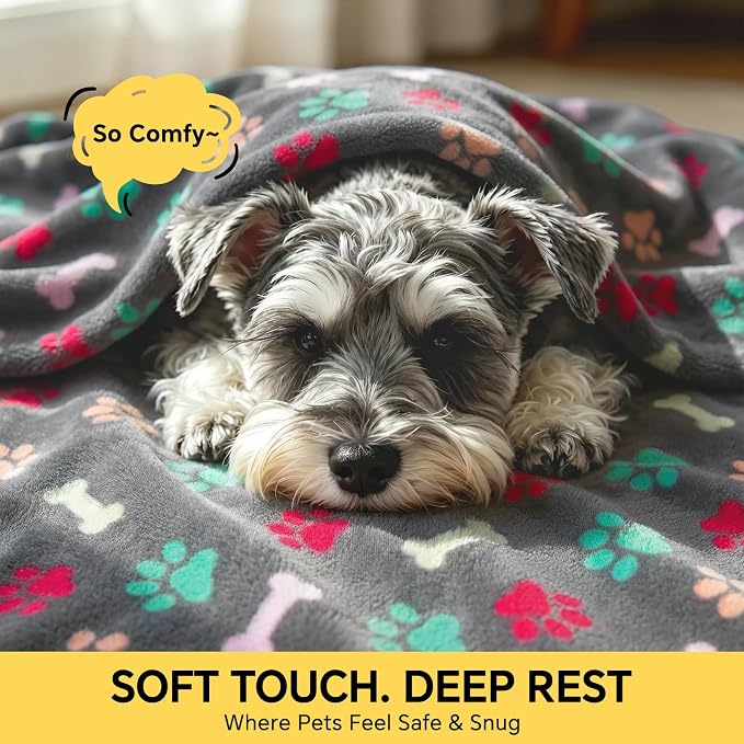 Luciphia 1 Pack 3 Blankets Fluffy Premium Fleece Pet Blanket Flannel Paw Printed Throw for Dog Cat(Large 41x31'', Grey/Brown/Blue) | Washable Throw Blanket for Crate, Couch, Bed, Travel. Cute Paw & Bone Print. Puppy Essential, Dog Gift,Grey/Brown/Blue