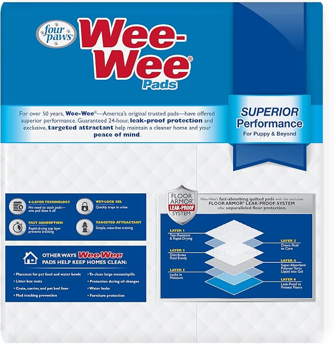 Four Paws Wee-Wee Superior Performance Unscented Puppy Pee Pads for Dogs & Puppies, Quilted Leak-Proof Dog Housebreaking Potty Training Floor Protection, Pet Supplies, 22" x 23", 30 Count