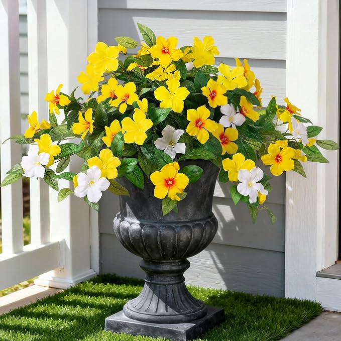 INXUGAO Artificial Hanging Faux Flowers for Outdoors Planters 2PCS Fake Flowers Silk Hibiscus Flowers for Outside Outdoor Faux Hanging Plants UV Resistant Spring Home Front Porch Decoration